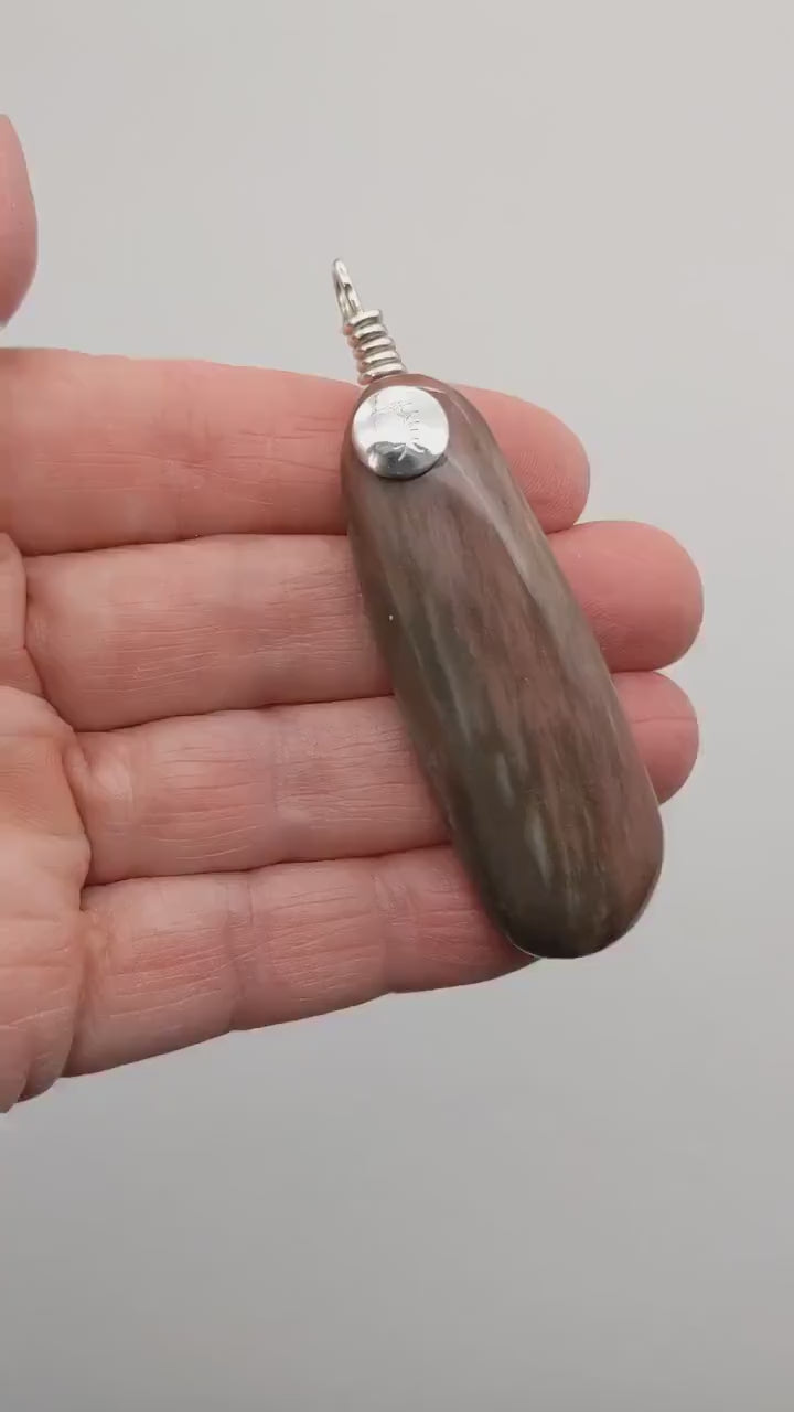 Demo clip of this Petrified Wood pendant with Argentium silver in the palm of the hand showing both sides of the pendant shown against a light gray background.
