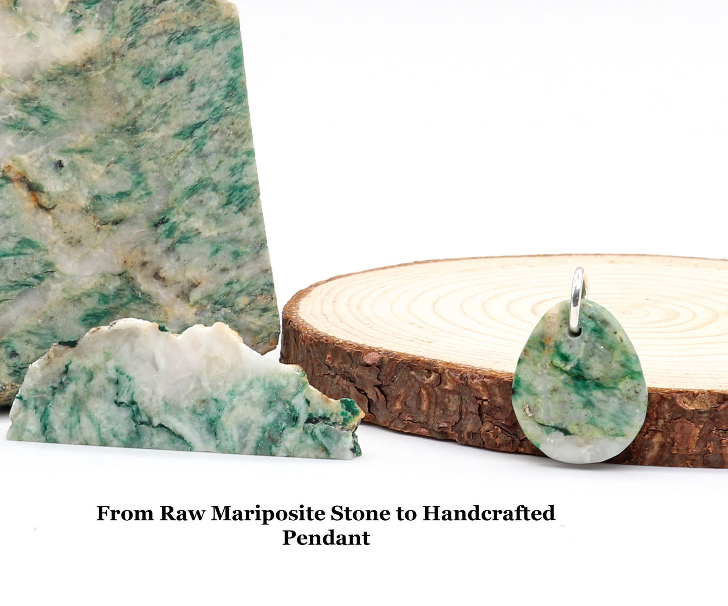 Raw mariposite stone and handcrafted pendant on a wooden surface with text 'From Raw Mariposite Stone to Handcrafted Pendant'.