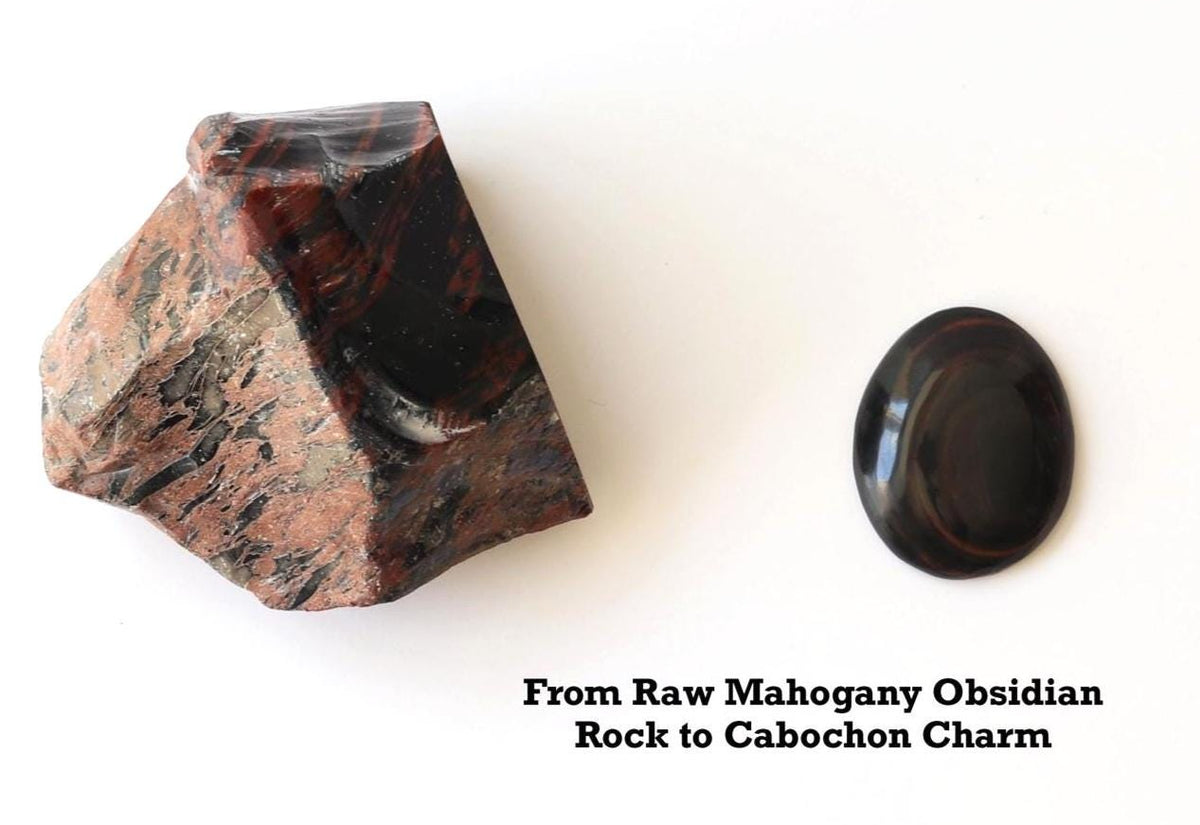 Raw Mahogany Obsidian stone specimen next to a polished Mahogany Obsidian cabochon, shown on a white background with text reading 'From Raw Mahogany Obsidian to Cabochon charm'