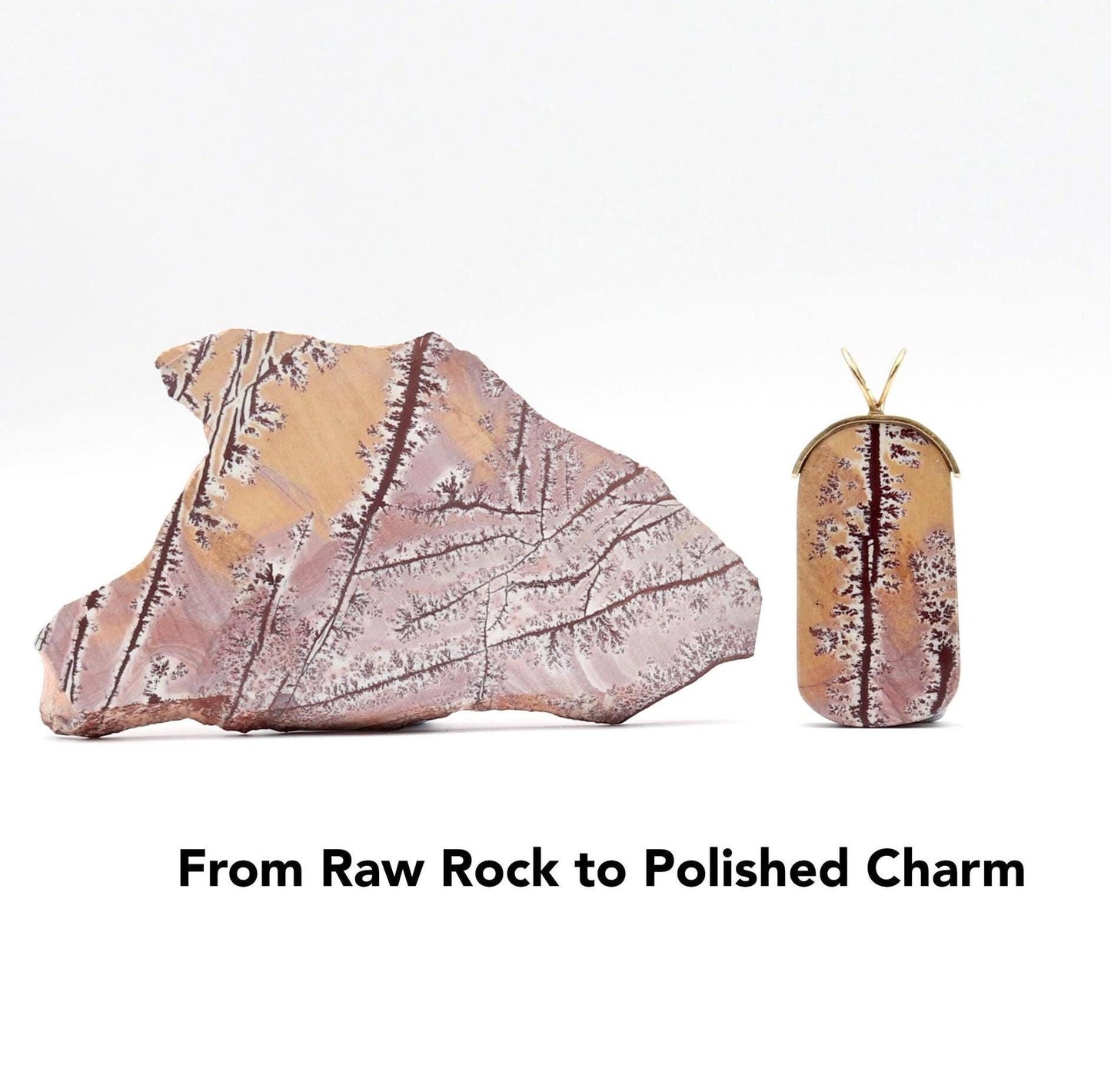 A natural stone Sonoran Dendritic Rhyolite  shown next to  the raw rock used to create this handmade pendant.