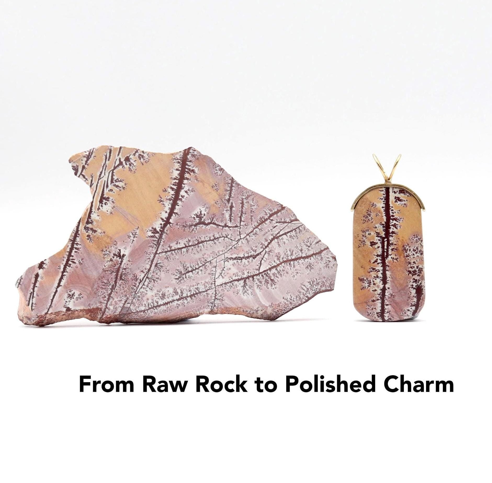 A natural stone Sonoran Dendritic Rhyolite  shown next to  the raw rock used to create this handmade pendant.