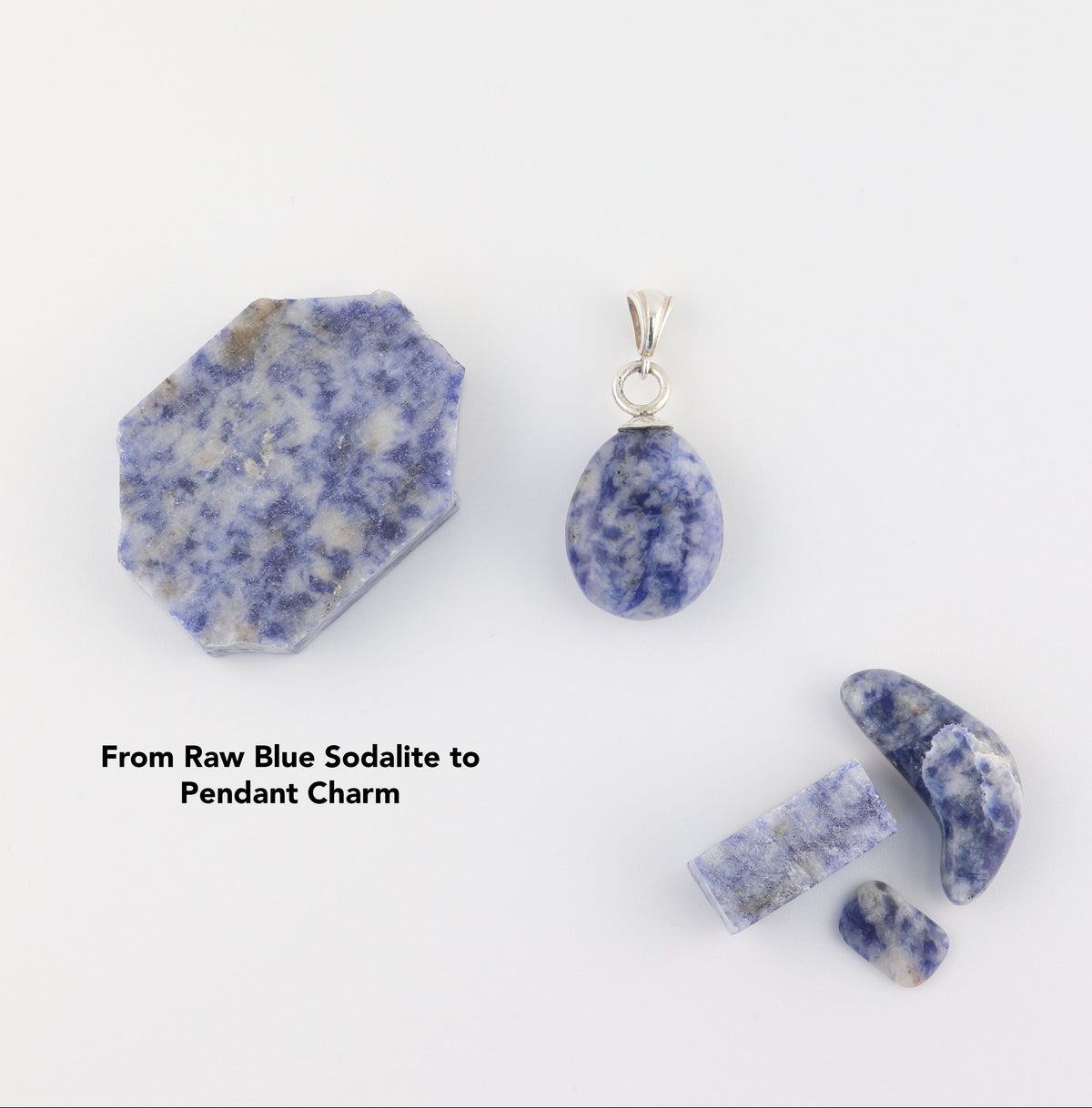 Rough Sodalite rock shown next to finished pendant on white background with a few scattered sodalite chips for props.  Text Overlay "From raw blue sodalite to pendant charm".