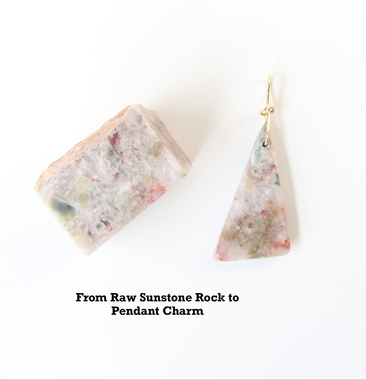 Triangular sunstone rock pendant on a white background with text 'From Raw Sunstone Rock to Pendant Charm'.
