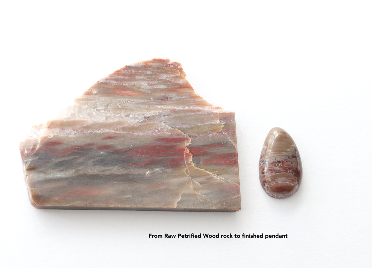 A raw petrified wood rock specimen with layered red, brown, and beige bands is shown next to a polished version of the Petrified Wood cabochon stone of similar shape and color on a white background, with text reading 'From Raw Petrified Wood rock to finished pendant'.