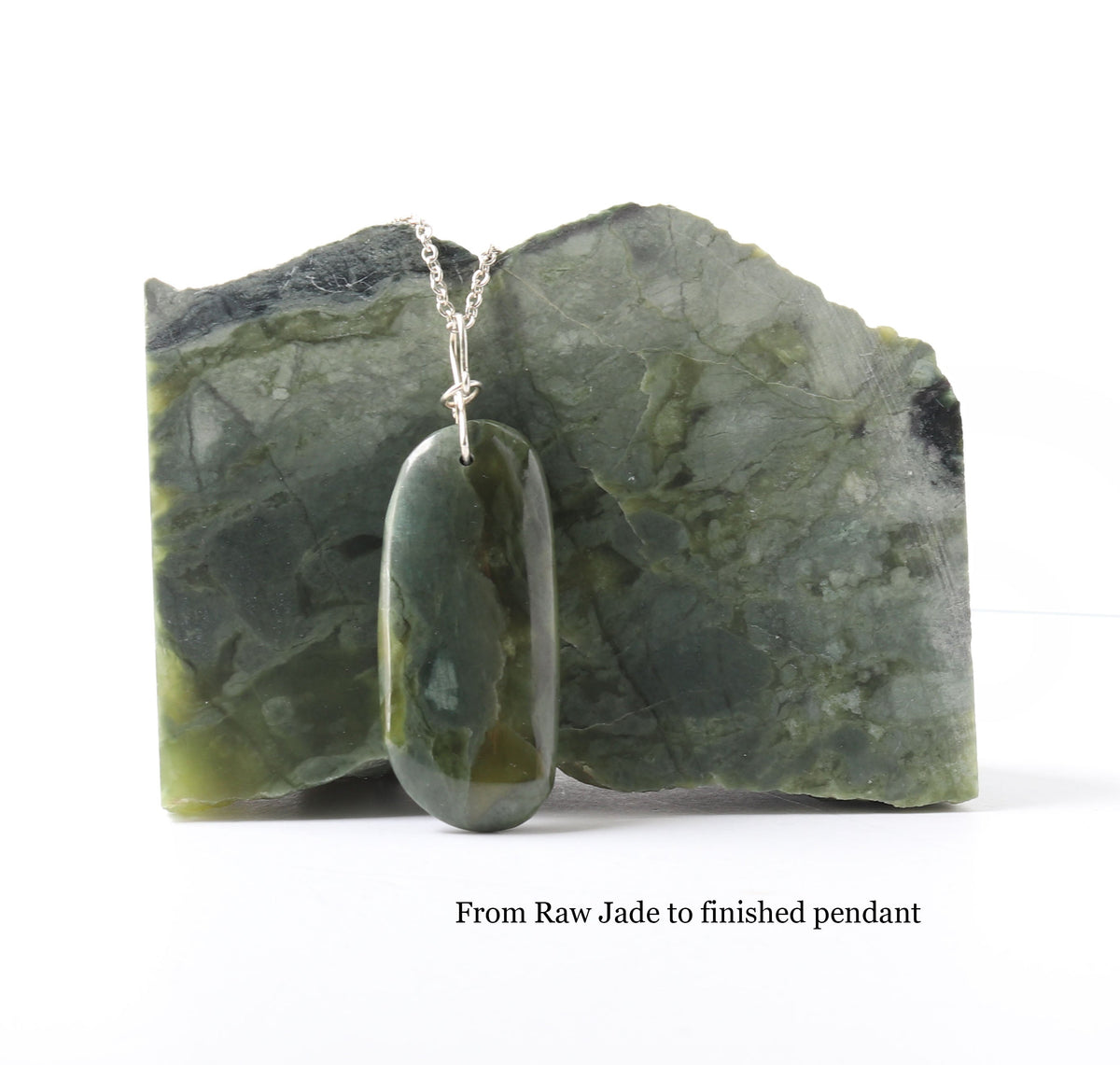 From raw Jade rock to finished pendant.  Shown the actual jade rock used to craft this pendant.