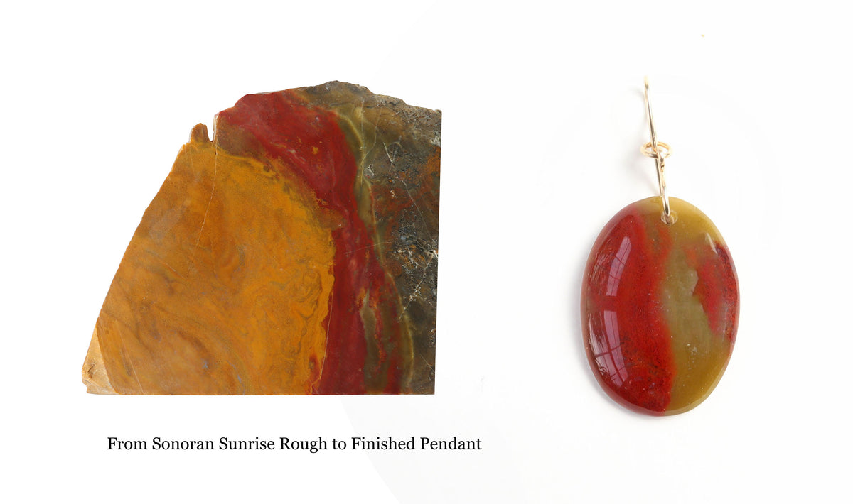 Raw Sonoran Sunrise stone slab alongside finished oval Sonoran Sunrise pendant showing natural rich red cuprite with warm golden tones and natural contrast and bold patterning.  Text Overlay reads 'From Sonoran Sunrise Rough to Finished Pendant'