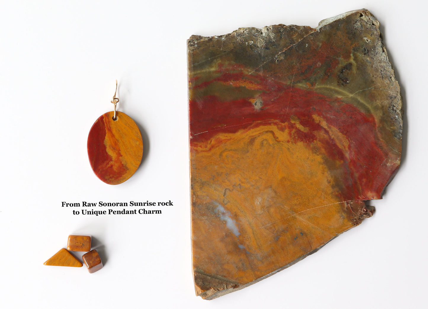 Sonoran Sunrise rock slab used to create the adjacent pendant. shown on white background with pebbles of sonoran sunrise 