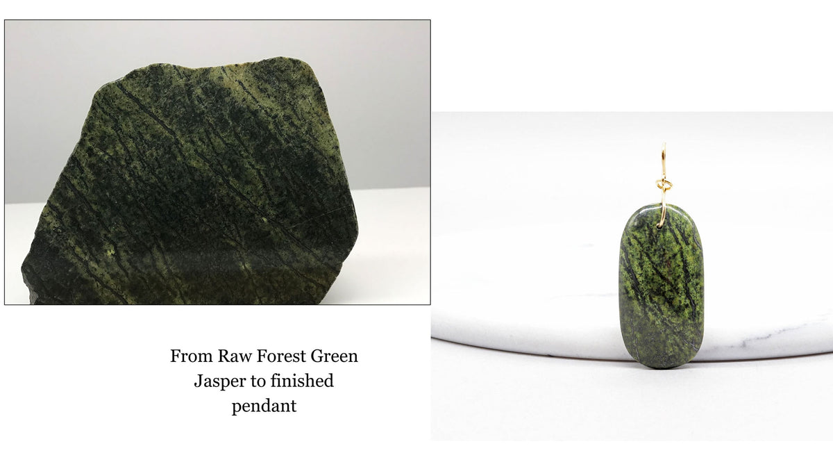 A split comparison showing a raw forest green jasper stone on the left and a polished Green Forest Pendant with a gold loop, captioned 'From Raw Forest Green Jasper to finished pendant'.