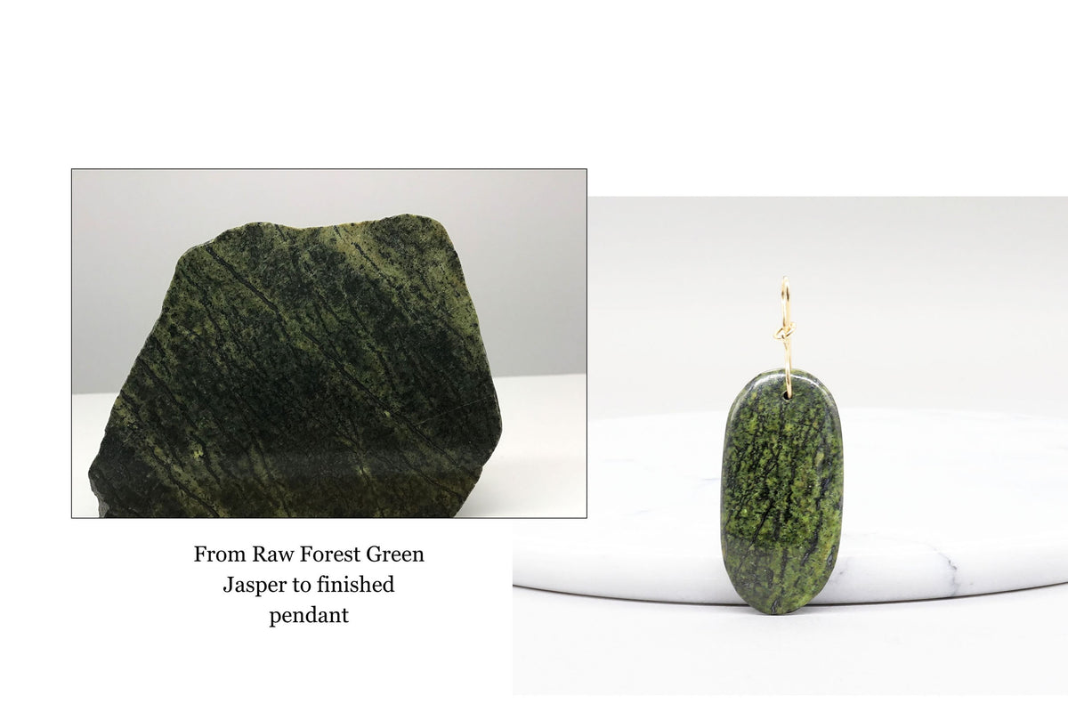 A polished forest green jasper pendant with a gold wire loop, displayed next to a the rough raw Forest Green Jasper stone, with text reading 'From Raw Forest Green Jasper to finished pendant' on a white background.