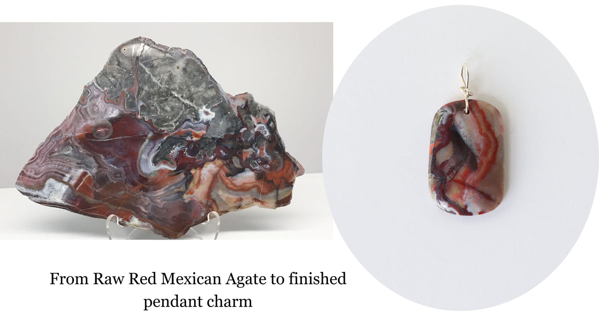 A split image showing a raw Red Mexican Agate on the left  and a finished rectangular Red Mexican pendant on the right. Text below reads 'From Raw Red Mexican Agate to finished pendant charm.