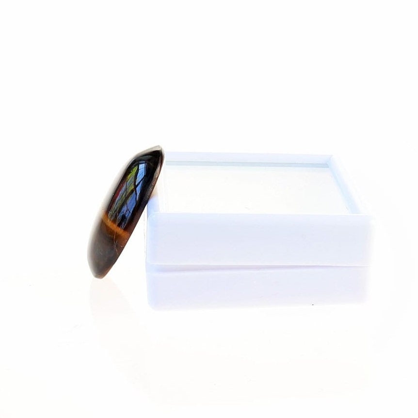A hand-cut natural Tiger's Eye cabochon with golden-brown banding and chatoyancy, displayed at a side angle against a white gem box.