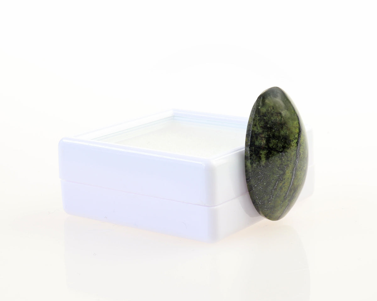 A polished dark green Forest Green Jasper oval stone cabochon resting on the side of a small white square presentation box, set against a seamless white background.