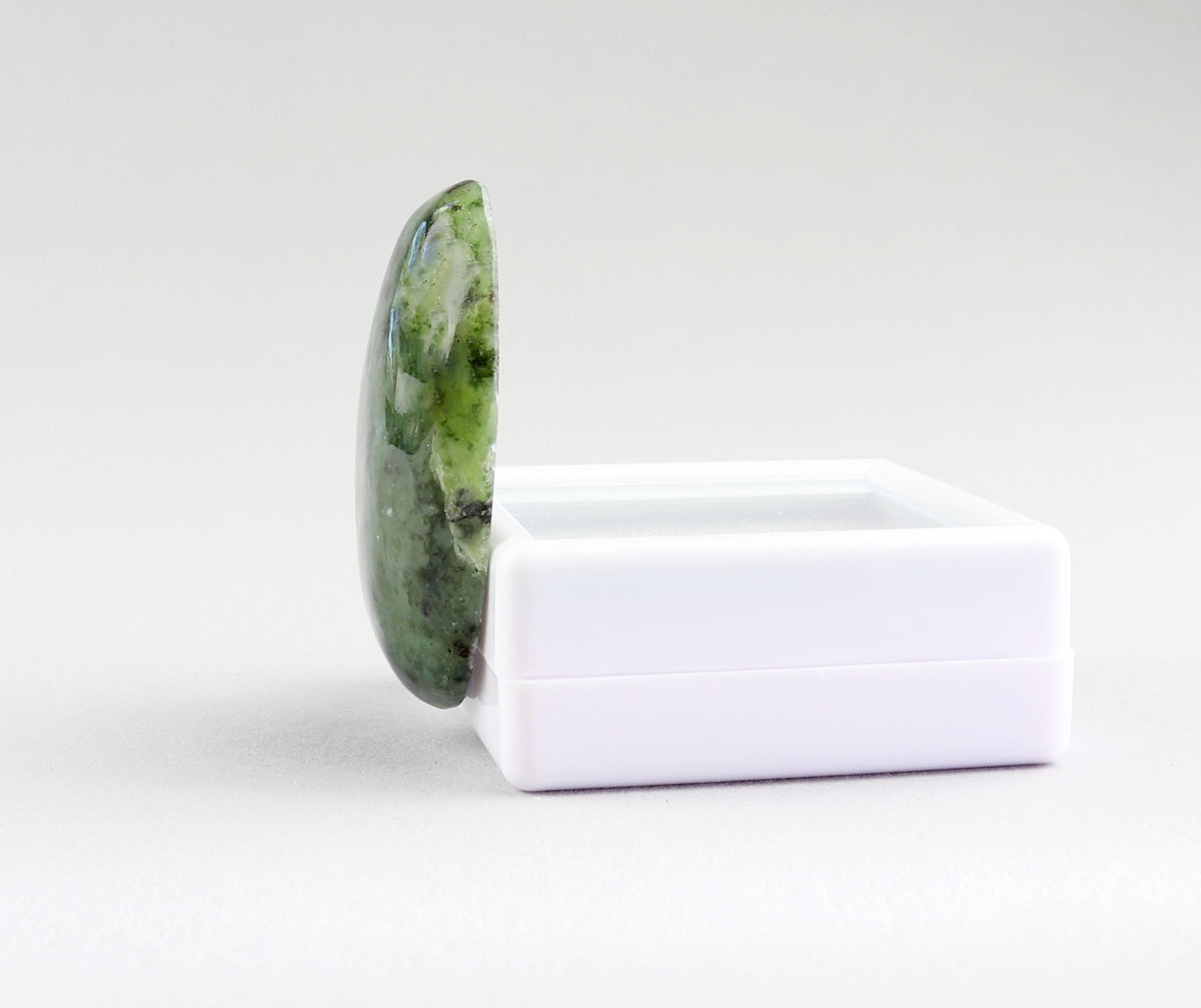 A polished Wyoming Jade stone cabochon standing upright on its side next to a small white rectangular gem box, photographed on a clean light gray background.