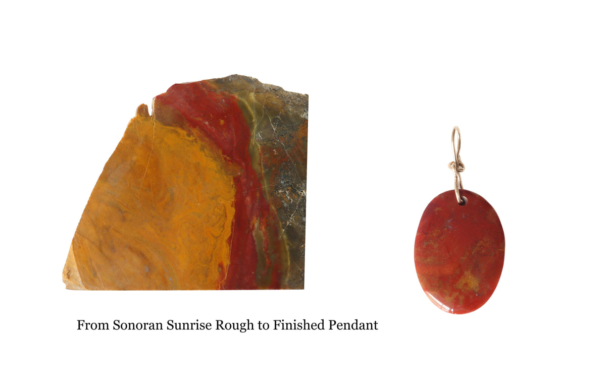 Sonoran Sunrise pendant shown next a rough raw sonoran sunrise rock used to craft the finished pendant.  Both are shown on white background with text overlay "From Sonoran Sunrise Rough to Finished Pendant"