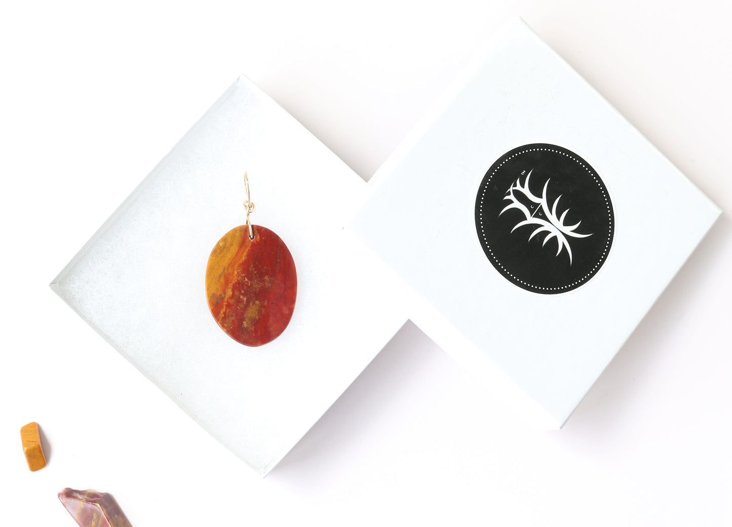 Sonoran Sunrise pendant shown in white gift box with adjacent lid displaying the Elkhorn Silver brand and sonoran sunrise pebbles for props.