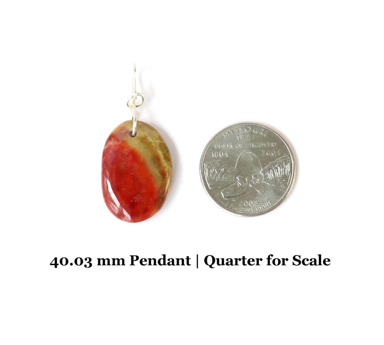 40.03 mm Pendant length adjacent to quarter for scale shown on white background.