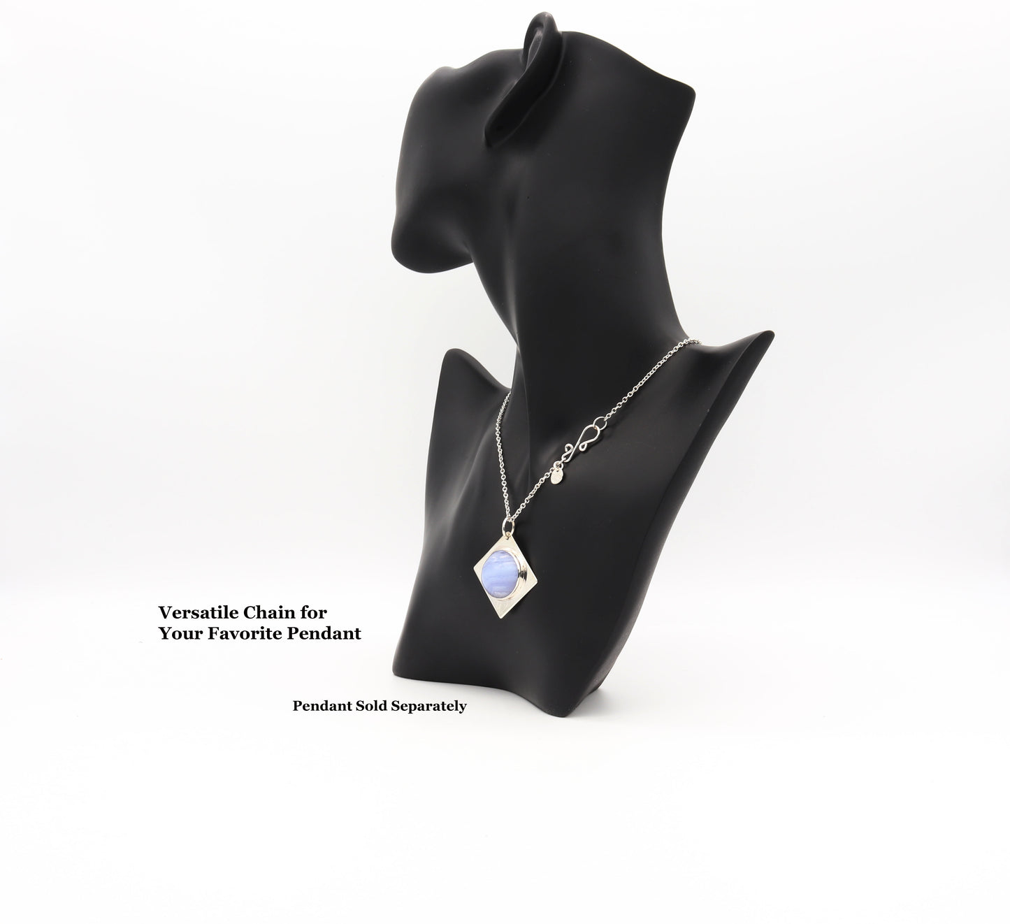 Argentium 935 Silver chain necklace with Blue Lace Agate pendant, modeled on Black Resin Boutique Bust Holder for Show Jewelry.