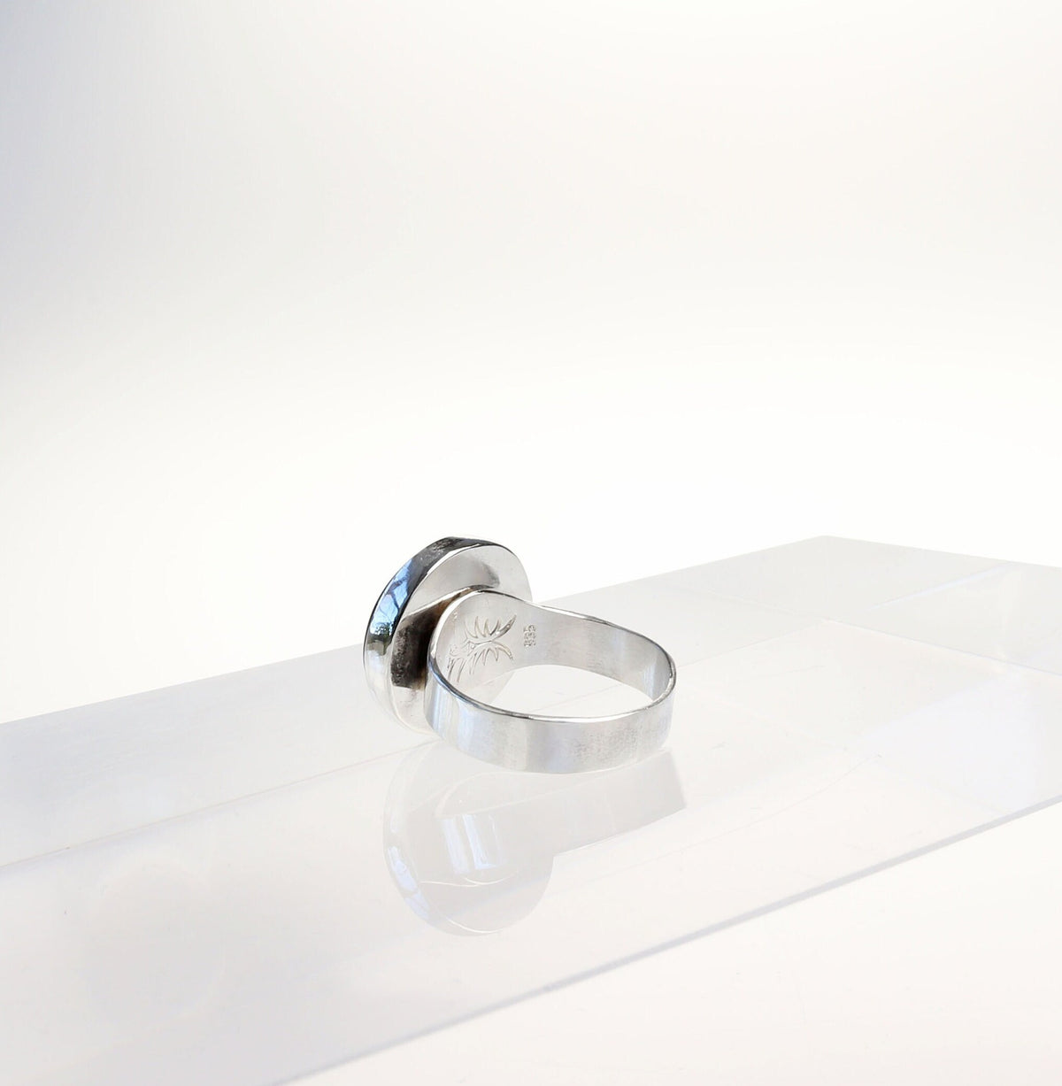 Inside view of Tiger's Eye Ring display of makers mark, in polished Argentium 935 silver, size 11.75