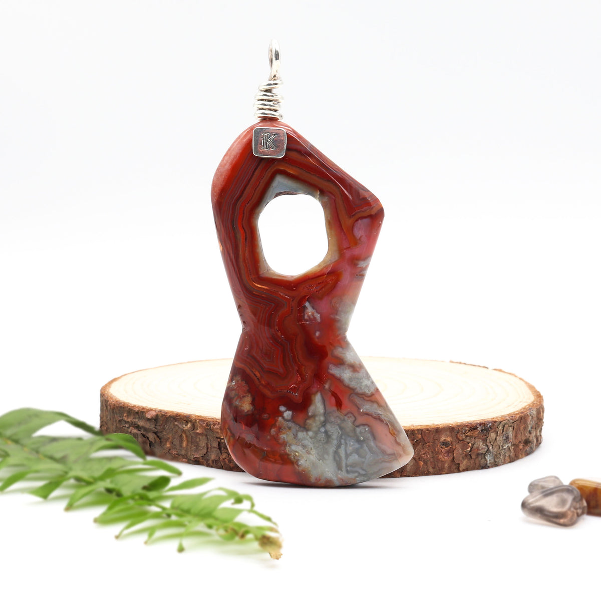 A carved red agate pendant with a central hole, featuring natural agate banding in red, brown, and gray, suspended from a silver wire. It is displayed on a rustic wood slice with a green fern sprig and small stones on a white background.